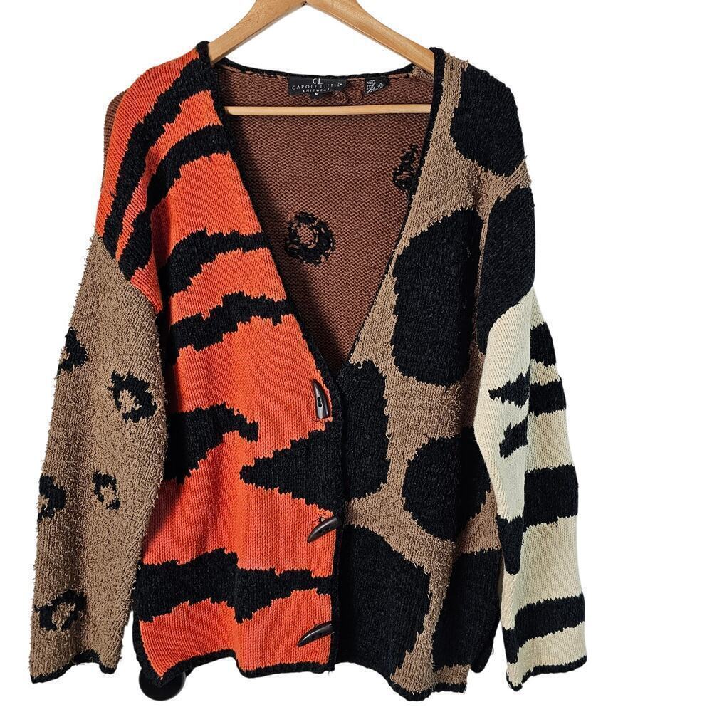 Vtg Carole Little Cardigan Women Med Brown Animal Print Knit Patchwork Boho Cats
